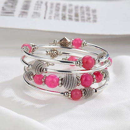 PEARL&CLUB Beaded Chakra Bangle Turquoise Bracelet - Fashion Jewelry Wrap Bracelet with Thick Silver Metal and Mala Beads, Birthday Gifts For Women - color: Hot pink