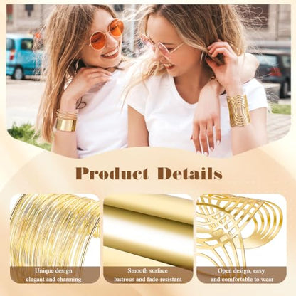 4PCS Chunky Cuff Bracelets Set for Women Hammered Chunky Bracelets Adjustable Open Wide Wire Bracelets Irregular Minimalist Coil Bangle Set Gold Silver Upper Arm Punk Jewelry - color: Gold C