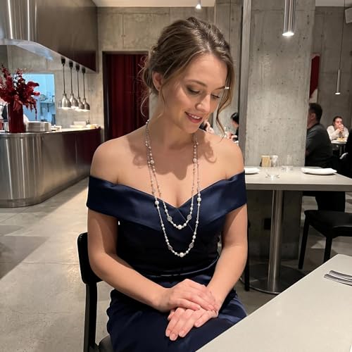 Long Chain Necklaces for Women Pearl Necklaces for Women Long Necklace Dainty Layered Pearl Necklace Statement Sweater Strand Chain Jewelry - color: Silver color