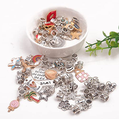 100 Pieces Bracelet Dangle Charms European Spacer Beads Large Hole Pendant Mixed Gold Plated Enamel Tibetan Antique Silver Bracelet Charms for DIY Jewery Making