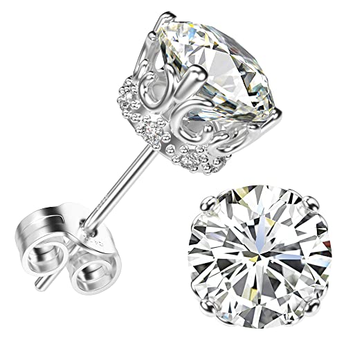 Round Cut Cubic Zirconia Stud Earrings for Men Women | Brilliant CZ Simulated Diamond, 18K White Gold Plated Sterling Silver, Hypoallergenic - color: White Gold