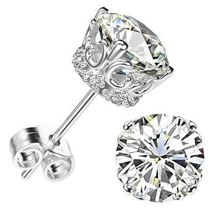 Round Cut Cubic Zirconia Stud Earrings for Men Women | Brilliant CZ Simulated Diamond, 18K White Gold Plated Sterling Silver, Hypoallergenic - color: White Gold