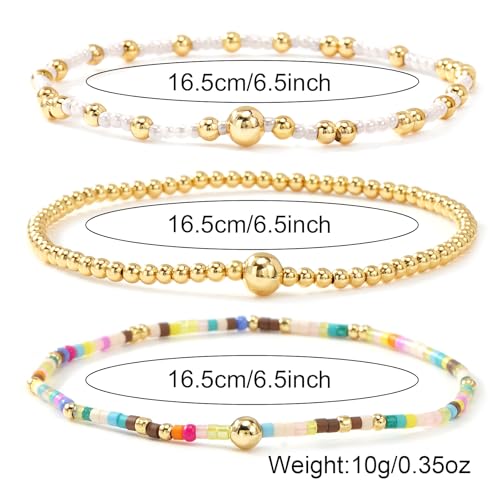Gold Beaded Bracelet Stack for Women Colorful Small Seed Beads Bracelets Set Boho 14K Gold Plated Ball Stackable Stretch Non-Tarnish Dainty Jewelry Trendy Accessory Friendship Gift - color: blue and white