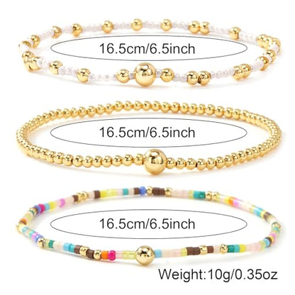 Gold Beaded Bracelet Stack for Women Colorful Small Seed Beads Bracelets Set Boho 14K Gold Plated Ball Stackable Stretch Non-Tarnish Dainty Jewelry Trendy Accessory Friendship Gift - color: blue and white