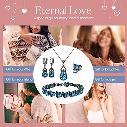 LMXXVJ Women Jewelry Set Platinum Plated Necklace Open Ring Earrings Bracelet Set,Birthday/Anniversary Mother’s Day Jewelry Gifts for Mom/Wife/Sister/Best Friend - color: Black Gun-Sky Blue