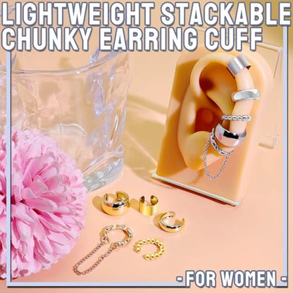 5 Pcs Thin Chunky Ear Cuff Earrings for Women 14K Gold Plated Brass Ear Cuffs Non Piercing Trendy Clip on Cartilage Earrings Cubic Zirconia Fake Piercings Earrings Jewelry - color: Chunky,Chain Silver
