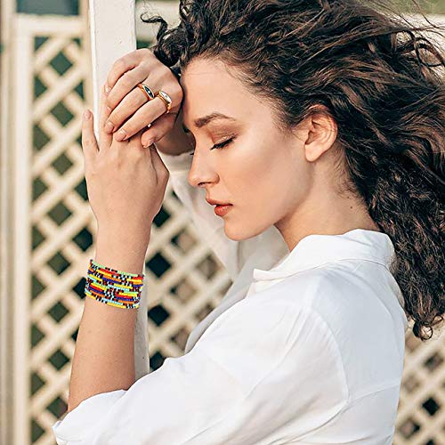 HEIDKRUEGER Bead Stretch Bracelets Independence Colorful Tiny Beaded Stackable Vsco Bracelets Boho Summer Vacation Adjustable Bangle Bracelet for Women Girls 14Pcs - color: multi-color
