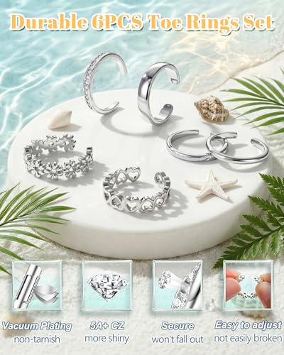 Besteel 6 PCS Toe Rings for Women - 14K Gold Filled Non Tarnish Waterproof | Adjustable Silver Toe Ring Simple Open Band Hug CZ Chunky Flower Toe Rings Set Trendy Summer Beach Foot Jewelry for Women - style: Silver: heart&flower toe ring