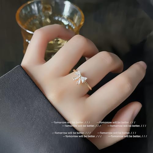 Mettclasi Women's 14K Gold Plated Stackable Ring Crystal Inlaid Dainty Trendy Cute Adjustable Open Twist Rings Jewelry Gifts - style: Bow Tie
