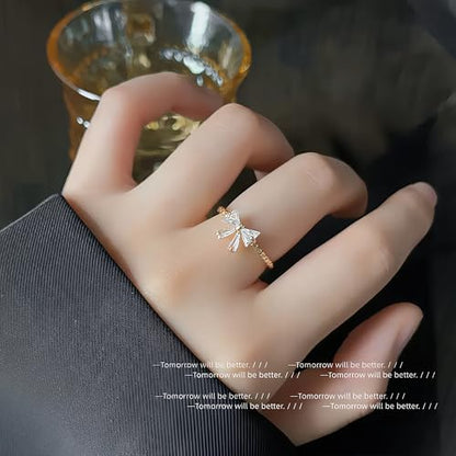 Mettclasi Women's 14K Gold Plated Stackable Ring Crystal Inlaid Dainty Trendy Cute Adjustable Open Twist Rings Jewelry Gifts - style: Bow Tie