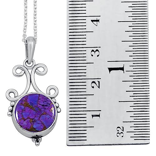 Natural Round Gemstone Pendant Necklace for Women, 925 Sterling Silver | Solitaire Birthstone Jewelry With 18 Inch Chain, Handmade Semi Precious Stone Pendant, Jewelry Gift for Mom, Wife & Sister - color: Purple Copper Turquoise