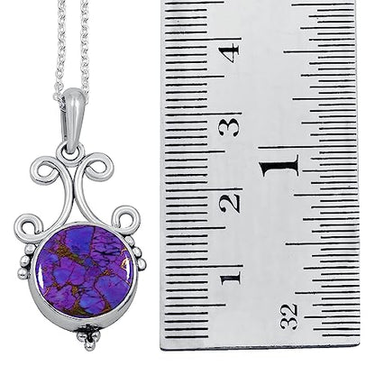 Natural Round Gemstone Pendant Necklace for Women, 925 Sterling Silver | Solitaire Birthstone Jewelry With 18 Inch Chain, Handmade Semi Precious Stone Pendant, Jewelry Gift for Mom, Wife & Sister - color: Purple Copper Turquoise
