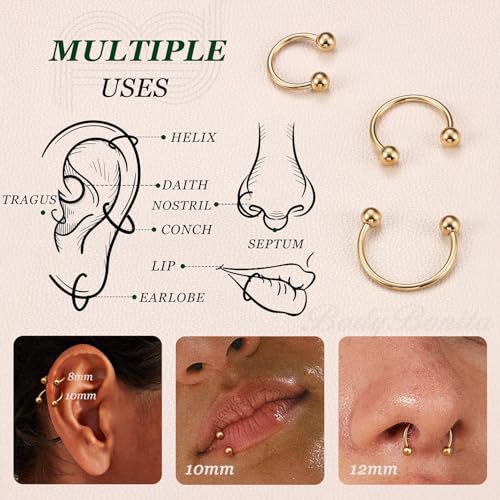G23 Titanium 14/16/18/20G Septum Rings Horseshoe Nose Ring Jewelry | 2/3Pcs Circular Barbell Spike Lip Body Piercing Jewelry Conch Helix Tragus Earring Silver/Black 8/10/12mm 14K Gold Plated - color: Gold-3pcs, size: Balls-3pcs-18g-8/10/12mm
