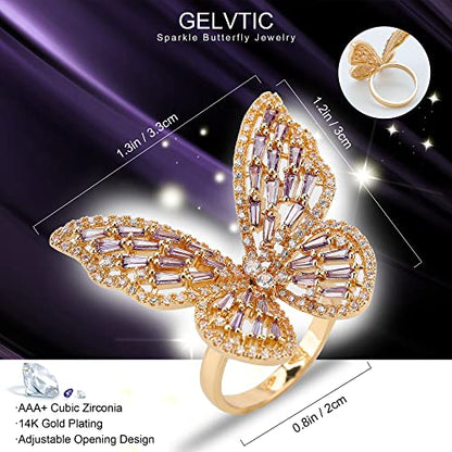 Butterfly Rings for Women Adjustable Golden Cocktail Ring Sparkly Stones Statement Silver Bow Open Wrap Bow Jewelry Bridesmaids Wedding Valentine’s Day Gift Lover Mother - color: JZ03-Gold Purple