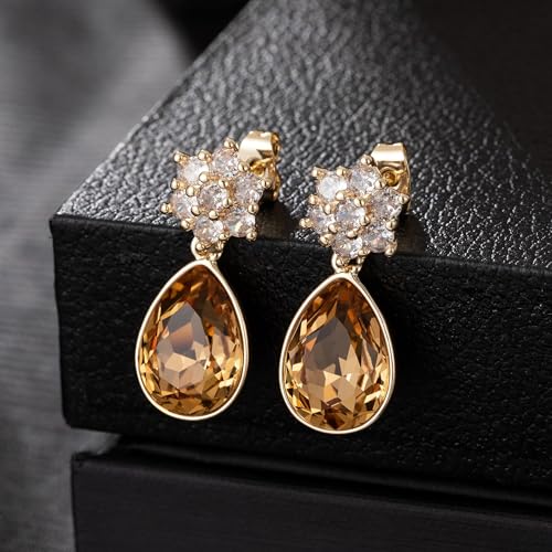 Elegant Austrian Crystal Teardrop Dangle Earrings for Women,14K Gold Plated Flower Drop Earrings Jewelry Gift for Birthday Wedding Anniversary - color: Light Topaz