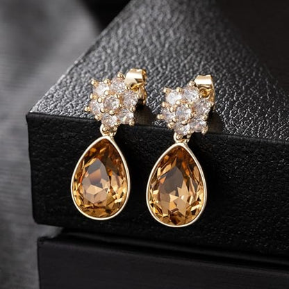 Elegant Austrian Crystal Teardrop Dangle Earrings for Women,14K Gold Plated Flower Drop Earrings Jewelry Gift for Birthday Wedding Anniversary - color: Light Topaz