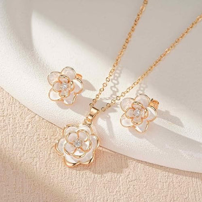 EVEVIC Dainty Flower Pendant Necklace Earrings for Women 14K Gold Plated Hypoallergenic Jewelry Sets - color: White /Rose Gold-tone