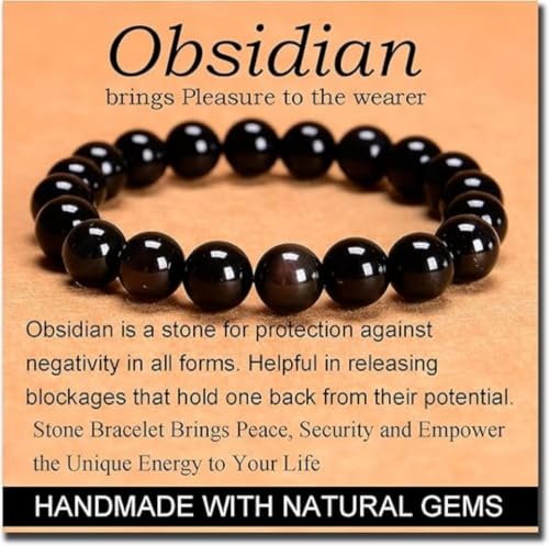 Carnelian Bracelet - Stone of Luck,Stretch Natural Stone Crystal Beads Jewelry Gifts for Women Men Unisex - color: Black Obsidian-Pleasure, size: 10mm
