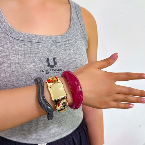 2PCS Chunky Acrylic Bracelet for Women Large Square Resin Cuff Vintage Open Bangle Bracelets Wide Geometric Jewelry - style: C-Gold+Red+Black
