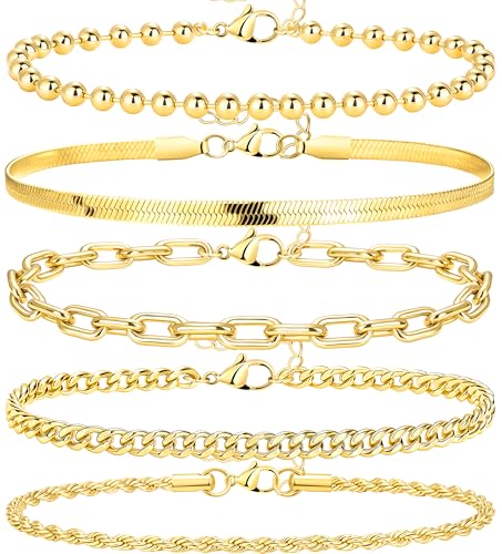 Extra Large Anklets for Women Waterproof, 14K Gold Plated Stack Anklets for Women Plus Size, 10"+2" Non Tarnish Large Ankle Bracelets for Women, Summer Big Ankles Set, Beach Bikini Vacation Jewelry - color: Plus Gold-5pcs-02, size: Lengh:10"+2"