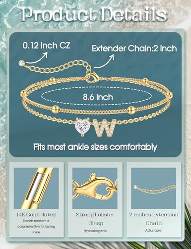 Kakonia Double Layer Initial Anklet for Women, 14K Gold Plated Heart Ankle Bracelet, Personalized A-Z Letter, Waterproof Non Tarnish Cubic Zirconia Dainty Adjustable Summer Beach Jewelry Gift - style: Letter W