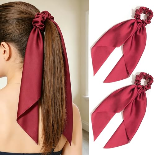 Pack of 2 Knotted Bow Hair Scrunchies Elastic Hair Scarf Hair Ties Bands Satin Hair Ribbon Scrunchy Red Ponytail Holder for Women and Girls, Hair Scarf Scrunchies, Hair Accessories (Burgundy) - color: Burgundy