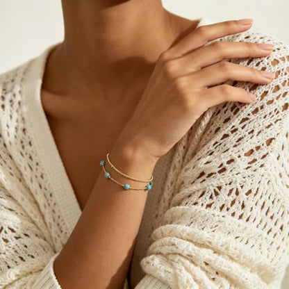 Gold Bracelets for Women Dainty 14K Gold Plated Layered Chain Bracelets Turquoise Green Aventurine Crystal Beaded Bracelets for Women - color: Turquoise