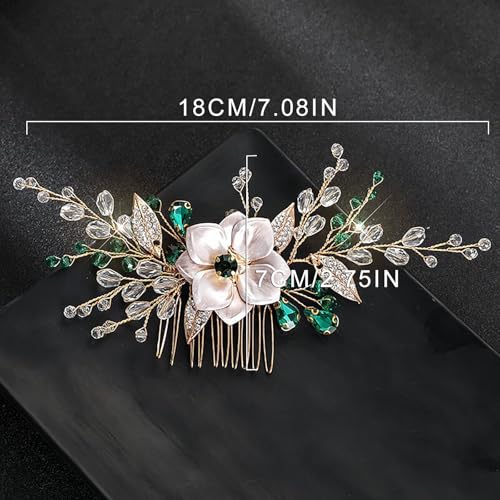 Flower Leaf Design Wedding Hair Comb, Metal Bridal Hair Accessory with Rhinestone, Wedding Prom Hair Clip Headpiece for Women (Gold Green Flower) - color: Gold Green Flower