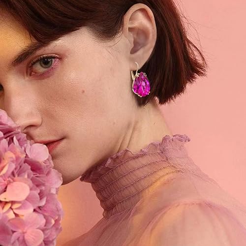 14K Gold Teardrop Crystal Leverback Earrings Sparkly Rhinestone Water Droplet Dangle Drop Earrings For Women - color: Rose Red