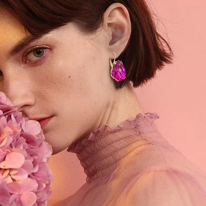 14K Gold Teardrop Crystal Leverback Earrings Sparkly Rhinestone Water Droplet Dangle Drop Earrings For Women - color: Rose Red