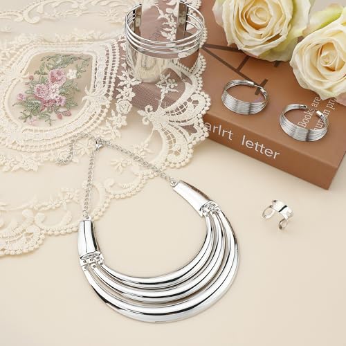 JOERICA Bib Choker Necklace Silver Gold Jewelry Set Wide Cuff Bangle Bracelet Open Hoop Earrings Adjustable Ring Chunky Silver Gold Statement Costume Jewelry Set for Women - color: Silver Tone