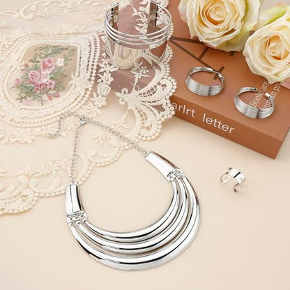 JOERICA Bib Choker Necklace Silver Gold Jewelry Set Wide Cuff Bangle Bracelet Open Hoop Earrings Adjustable Ring Chunky Silver Gold Statement Costume Jewelry Set for Women - color: Silver Tone