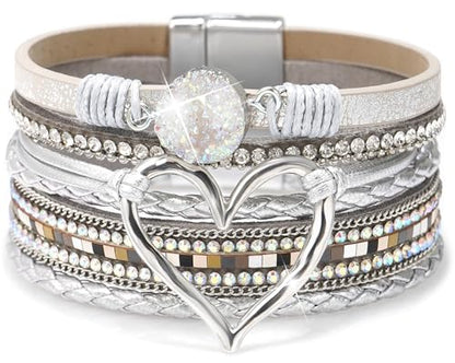 Suyi Multilayer Leather Wrap Bracelet Heart-Shape Wide Bracelets for Women - color: Color Silver