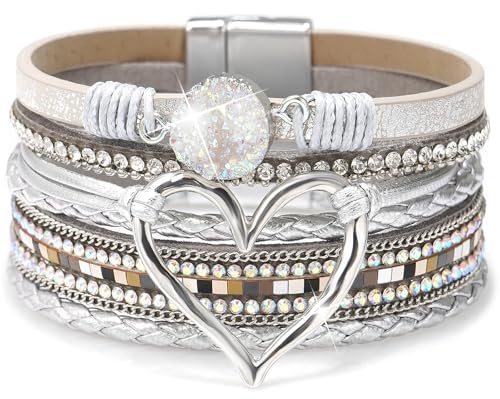 Suyi Multilayer Leather Wrap Bracelet Heart-Shape Wide Bracelets for Women - color: Color Silver