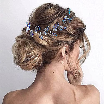 Bride Wedding Hair Vine Blue Rhinestones Bridal Hair Accessories Beaded Headband Hair Piece for Women and Girls (27.5 Inches) - color: Silver
