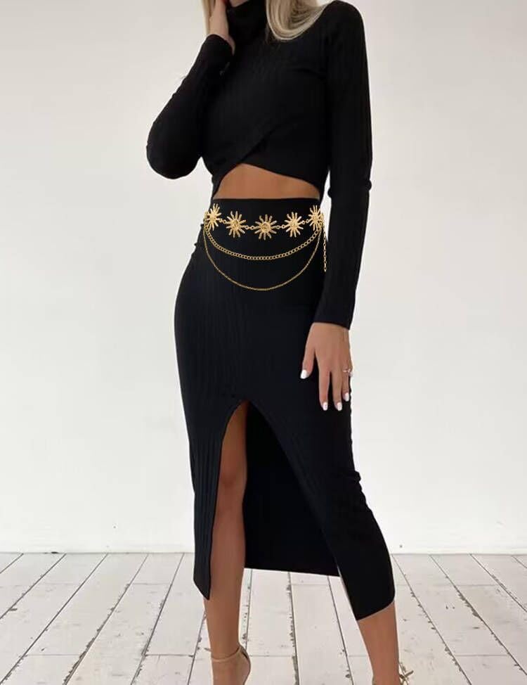 Waist Chain Belt Multilayer Gold Silver Sun Moon Chain Belt for Women Dress Body Belly Chain Metal Waist Chain - color: Gold-37inch