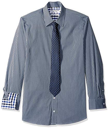 Nick Graham Mens Stretch Modern Fit Stripe Dress Shirt and Dot Grid Tie Set - color: Navy/Grey, size: Small
