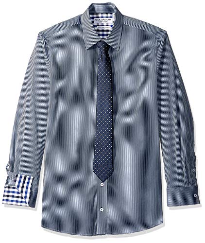 Nick Graham Mens Stretch Modern Fit Stripe Dress Shirt and Dot Grid Tie Set - color: Navy/Grey, size: 18"-18.5" Neck 36"-37" Sleeve