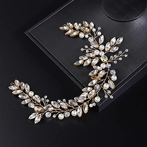 JWICOS Crystal Wedding Headband for Brides Pearl Wedding Hair Accessories Bridal Hair Piece Hair Vine for Women and Girls (Gold) - color: Gold