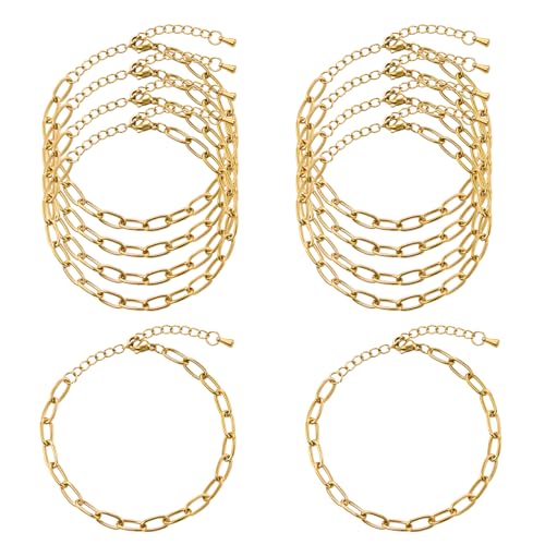 KYUNHOO 10pcs 6.7 Inches Gold Plated Paperclip Chain for Bracelet Making | Stainless Steel Jewelry Supplies for Bracelet DIY with Lobster Clasps and Chain Extension - color: round paperclip gold