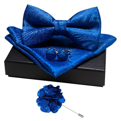 JEMYGINS Mens Paisley Bow Tie and Lapel Pin Necktie Pocket Square and Tie Clip with Sets for Business Casual 4PCS - color: Royal Blue