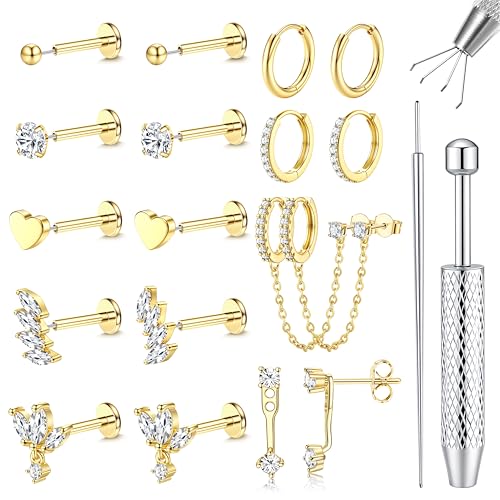 LOLIAS Hypoallergenic Gold Threadless Flat Back Stud Earrings for Women | 20G 18G 16G Surgical Steel Earrings Push in Nose Studs CZ Cartilage Earring Set Labret Helix Tragus Conch Piercing Jewelry - color: 14K Gold, size: 20G(0.8MM)-Leaf&Wings