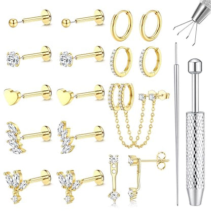LOLIAS Hypoallergenic Gold Threadless Flat Back Stud Earrings for Women | 20G 18G 16G Surgical Steel Earrings Push in Nose Studs CZ Cartilage Earring Set Labret Helix Tragus Conch Piercing Jewelry - color: 14K Gold, size: 20G(0.8MM)-Leaf&Wings