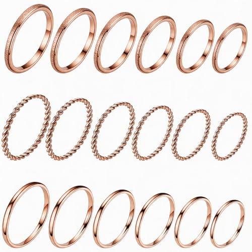 2mm 18Pcs No Tarnish Stainless Steel Thin Rings | PVD Gold Plated, Fadeless, Waterproof, High Polish, Hypoallergenic - color: Rose Gold Plated