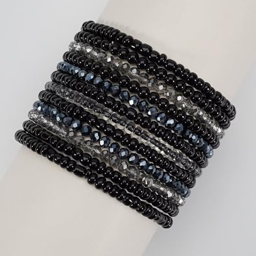 Bohemian Multilayer Beaded Stackable Stretch Bracelets for Women Colorful Crystal Glass Resin Seed Beads Elastic Wristbands BFF Friendship Summer Beach Hawaii Jewelry - color: Black