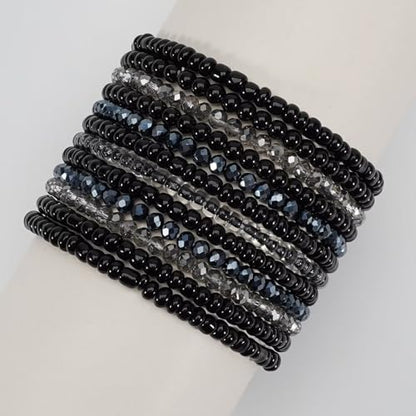 Bohemian Multilayer Beaded Stackable Stretch Bracelets for Women Colorful Crystal Glass Resin Seed Beads Elastic Wristbands BFF Friendship Summer Beach Hawaii Jewelry - color: Black