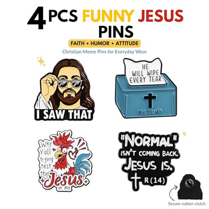 4Pcs Funny Jesus Enamel Pins Set - Humorous Christian Bible Verse Lapel Pins - Inspirational Faith-Based Accessories for Jackets, Backpacks, Hats - Collectible Religious Gifts