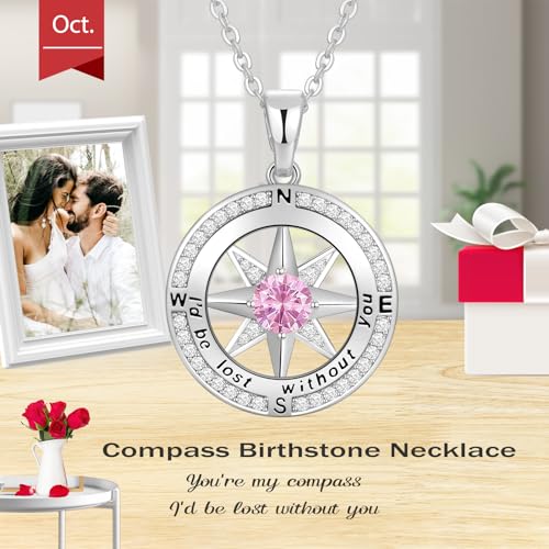 Peeshow Compass Birthstone Necklace for Women Wife, S925 Sterling Silver Gift for Wife Wedding Anniversary Birthday Gifts for Women Jewelry for Her Girlfriend I'd be Lost without You - style: 10-Oct-Tourmaline