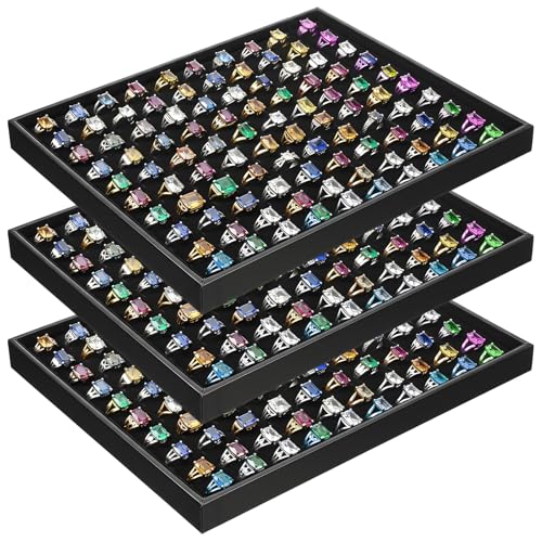 3 Pcs Stackable Ring Tray Set for Drawer, 100 Slots Velvet Jewelry Organizer Dish, Black Wooden Ring Display Case for Retail Store, Flea Market, Home Vanity (13.8 x 9.4 x 1.2 inches)