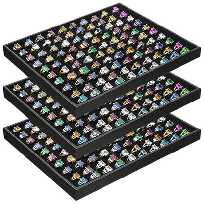 3 Pcs Stackable Ring Tray Set for Drawer, 100 Slots Velvet Jewelry Organizer Dish, Black Wooden Ring Display Case for Retail Store, Flea Market, Home Vanity (13.8 x 9.4 x 1.2 inches)